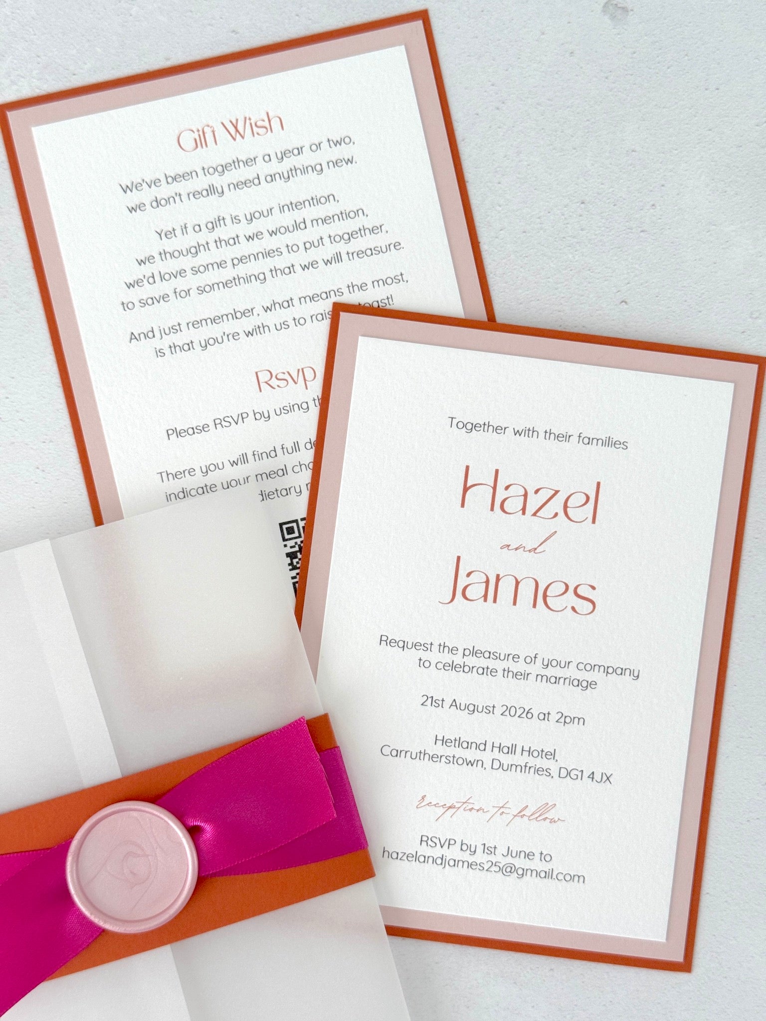 Layered wedding invite and details postcards with QR code and vellum jacket