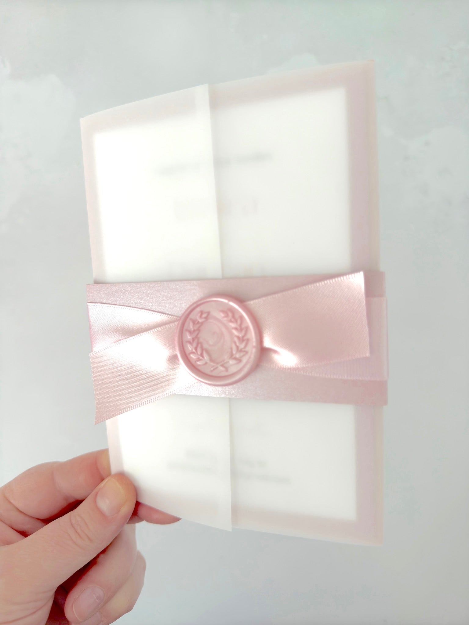 Pink handmade wedding invite with vellum sleeve and belly band with ribbon and wax seal