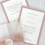 Blush pink and misty rose invite with wedding details postcard, with vellum wrap and belly band