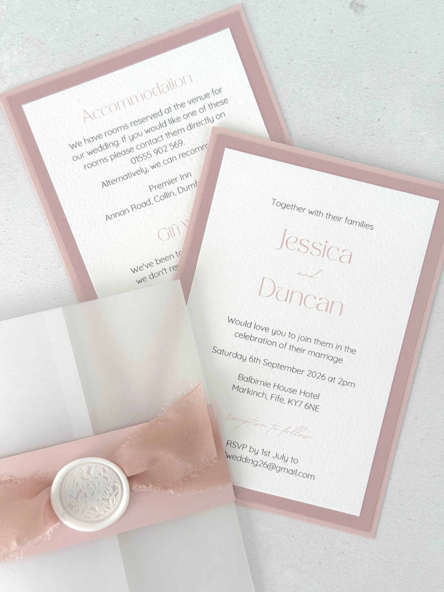 Blush pink and misty rose invite with wedding details postcard, with vellum wrap and belly band