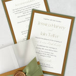 Layered wedding invite and info postcard with vellum wrap and belly band