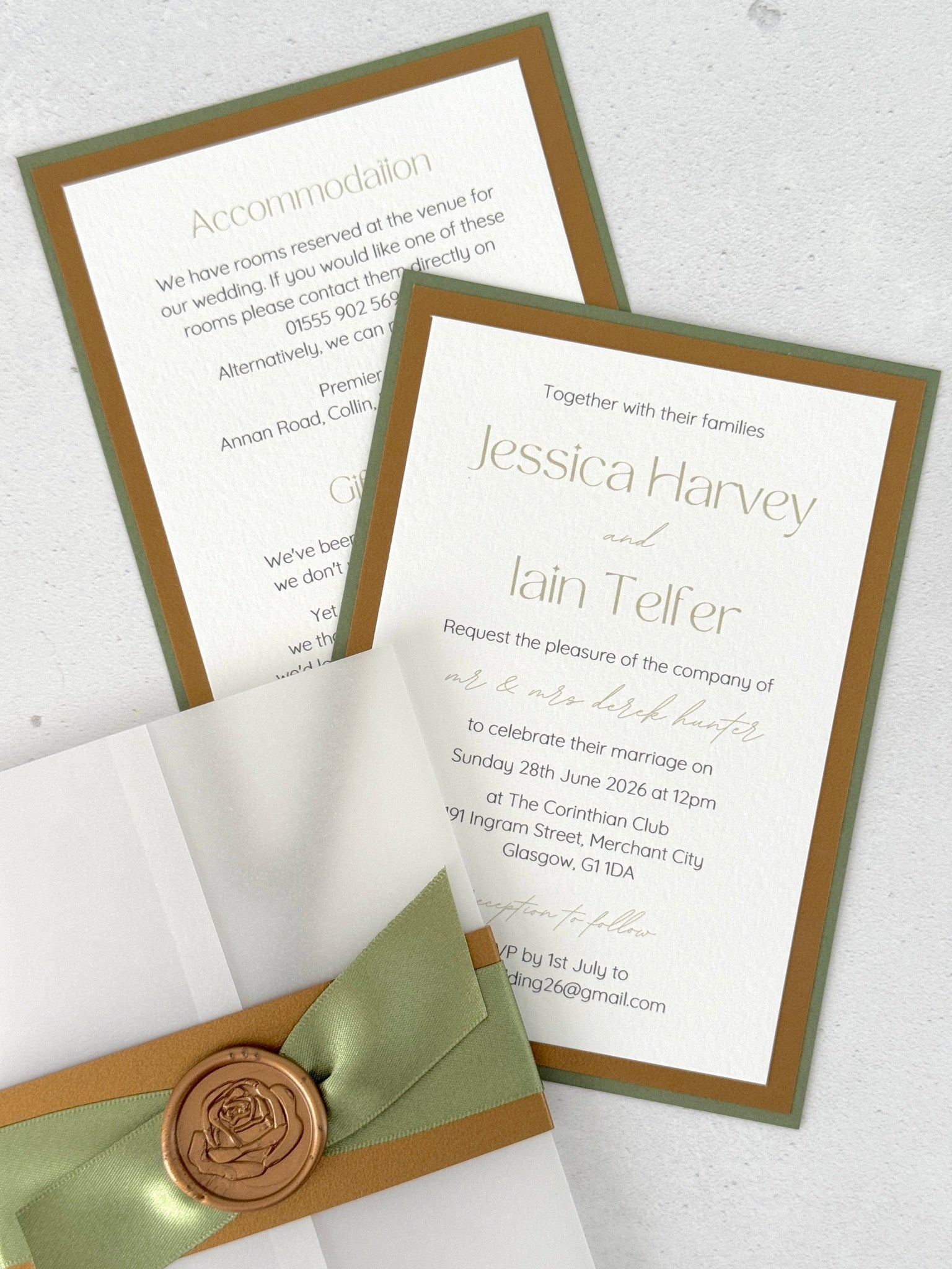 Layered wedding invite and info postcard with vellum wrap and belly band