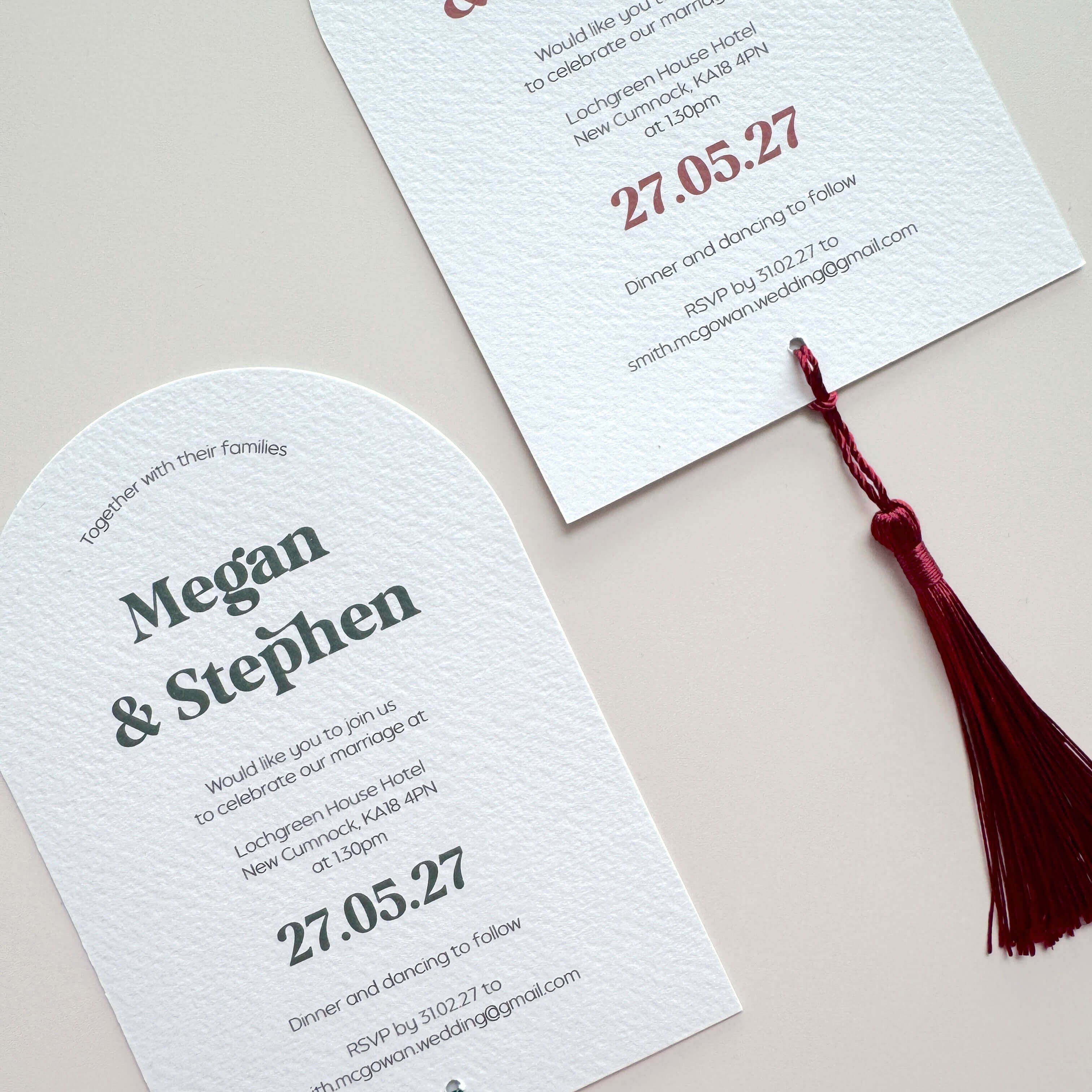 Two wedding invitations for Megan & Stephen with tassels for minimalist modern couples