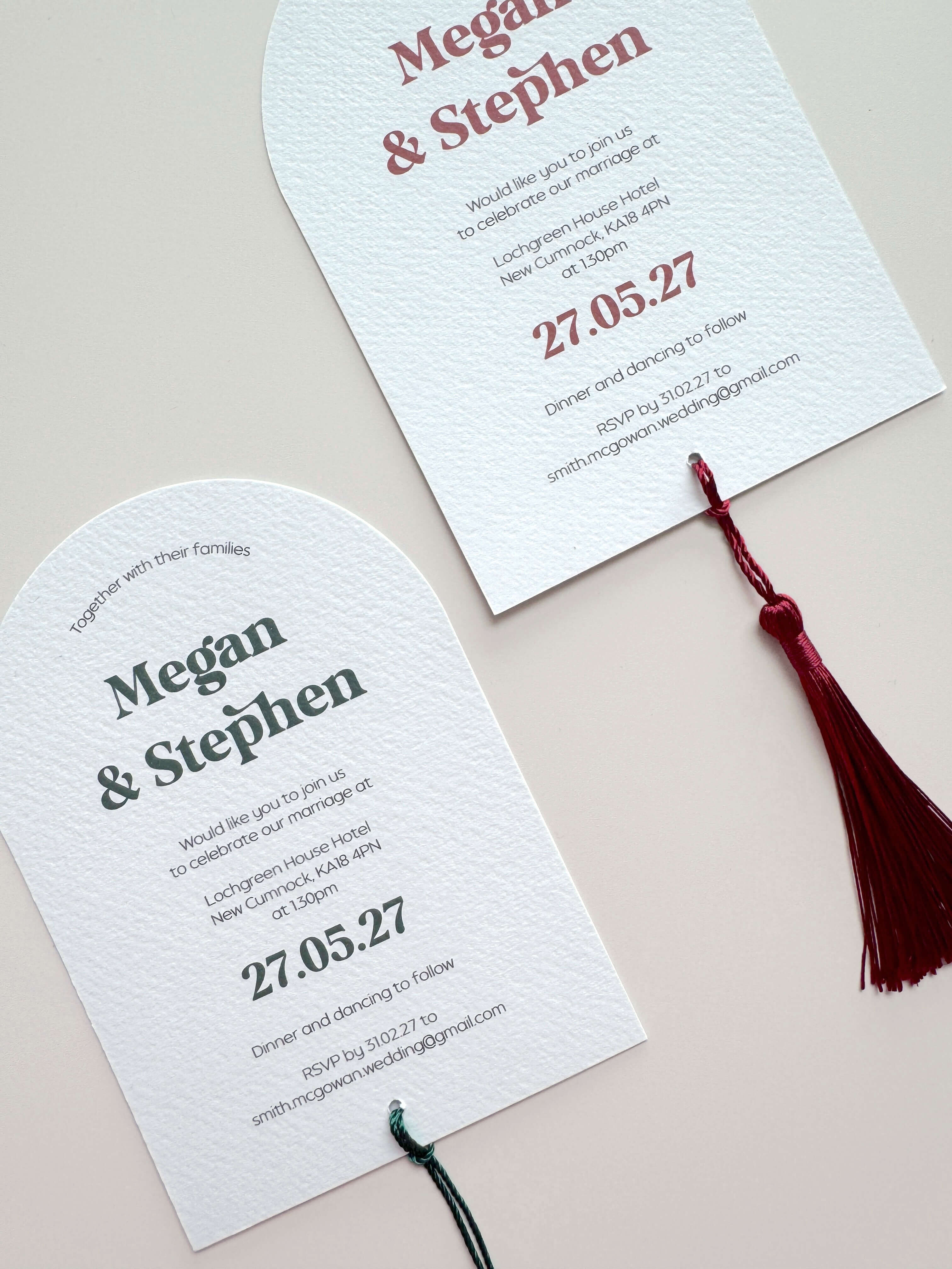 Two wedding invitations for Megan & Stephen with tassels for minimalist modern couples