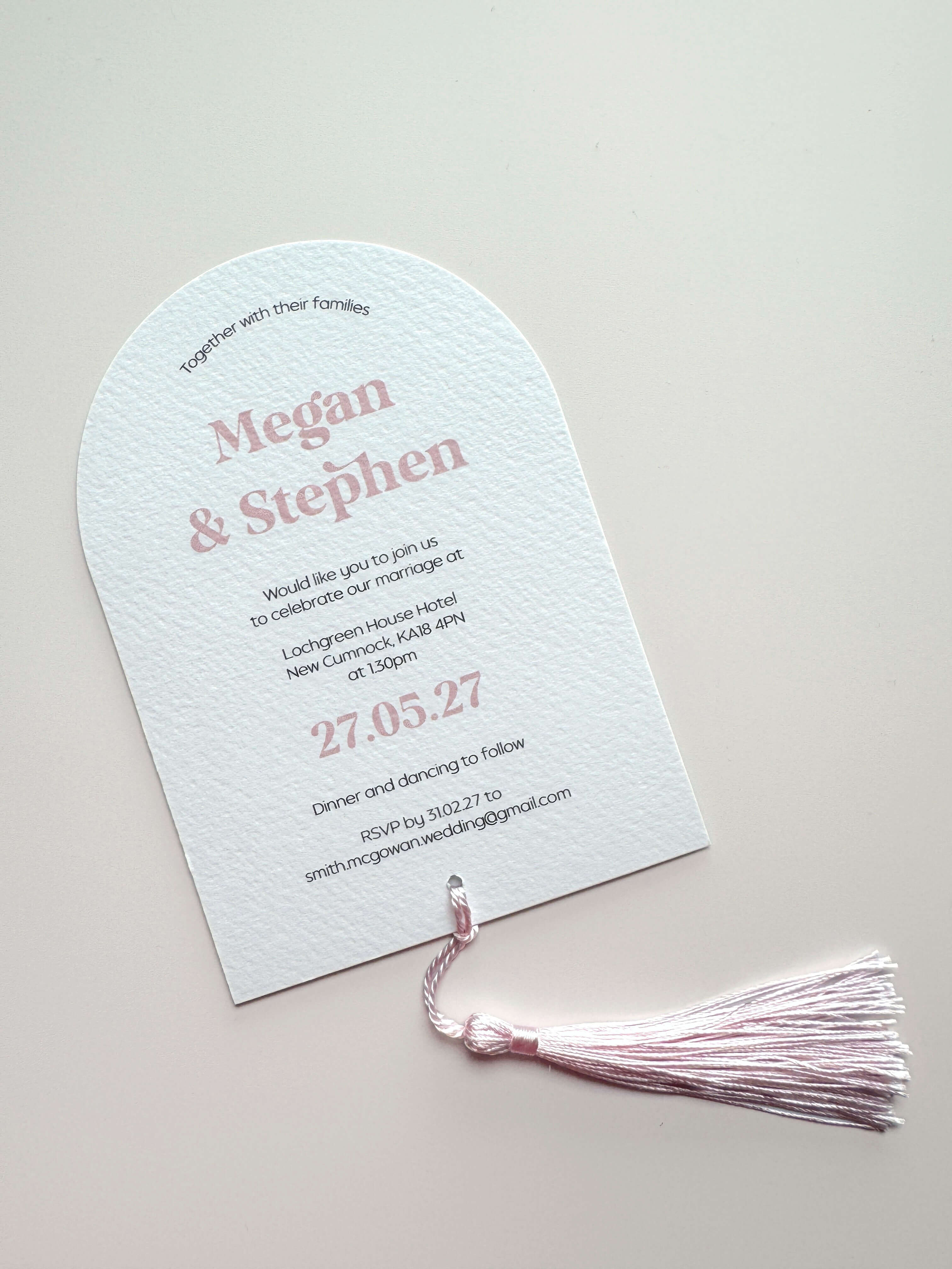 Megan arch style wedding invite with pink tassel