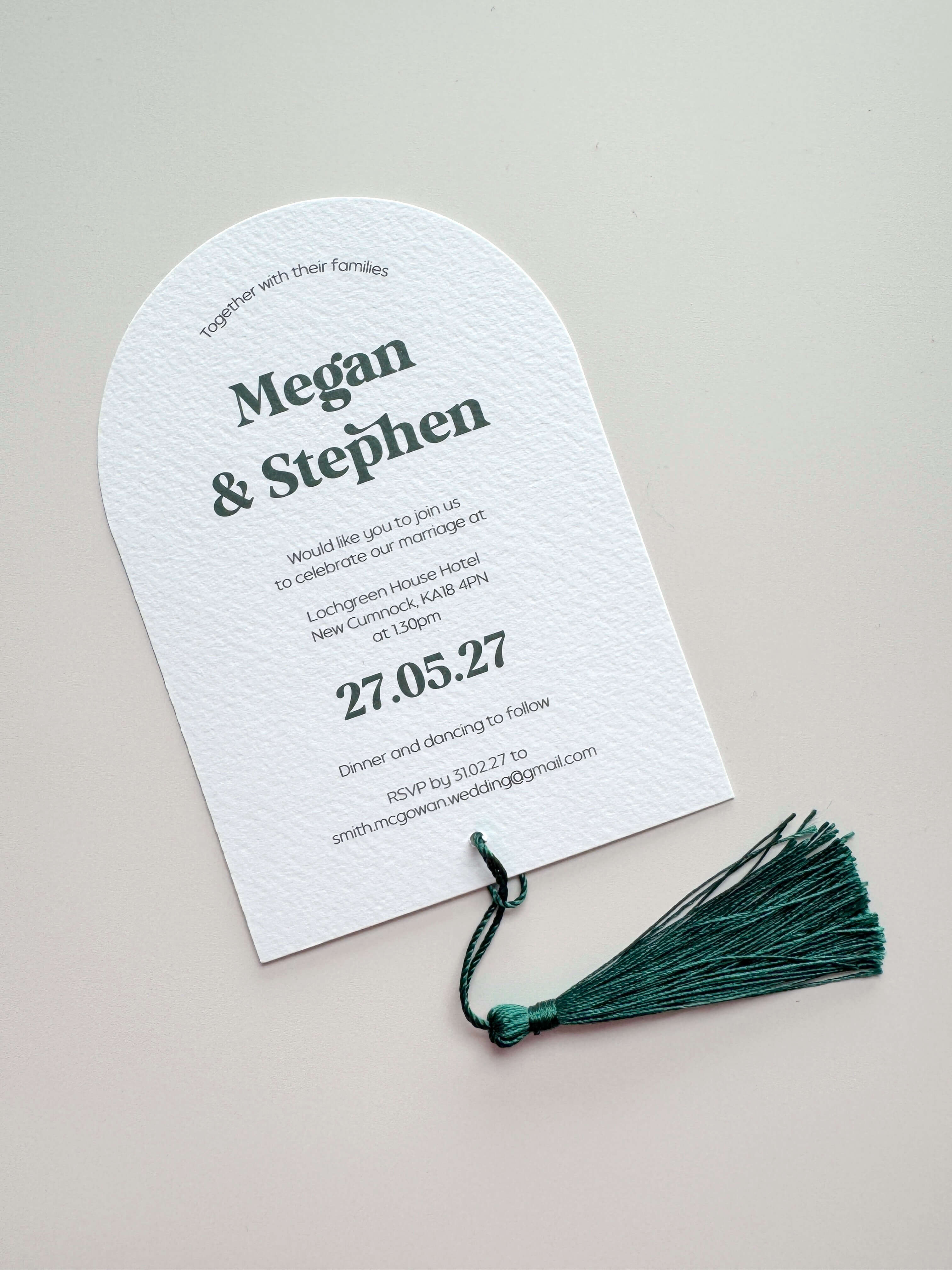 dark forest green tassel wedding invitation