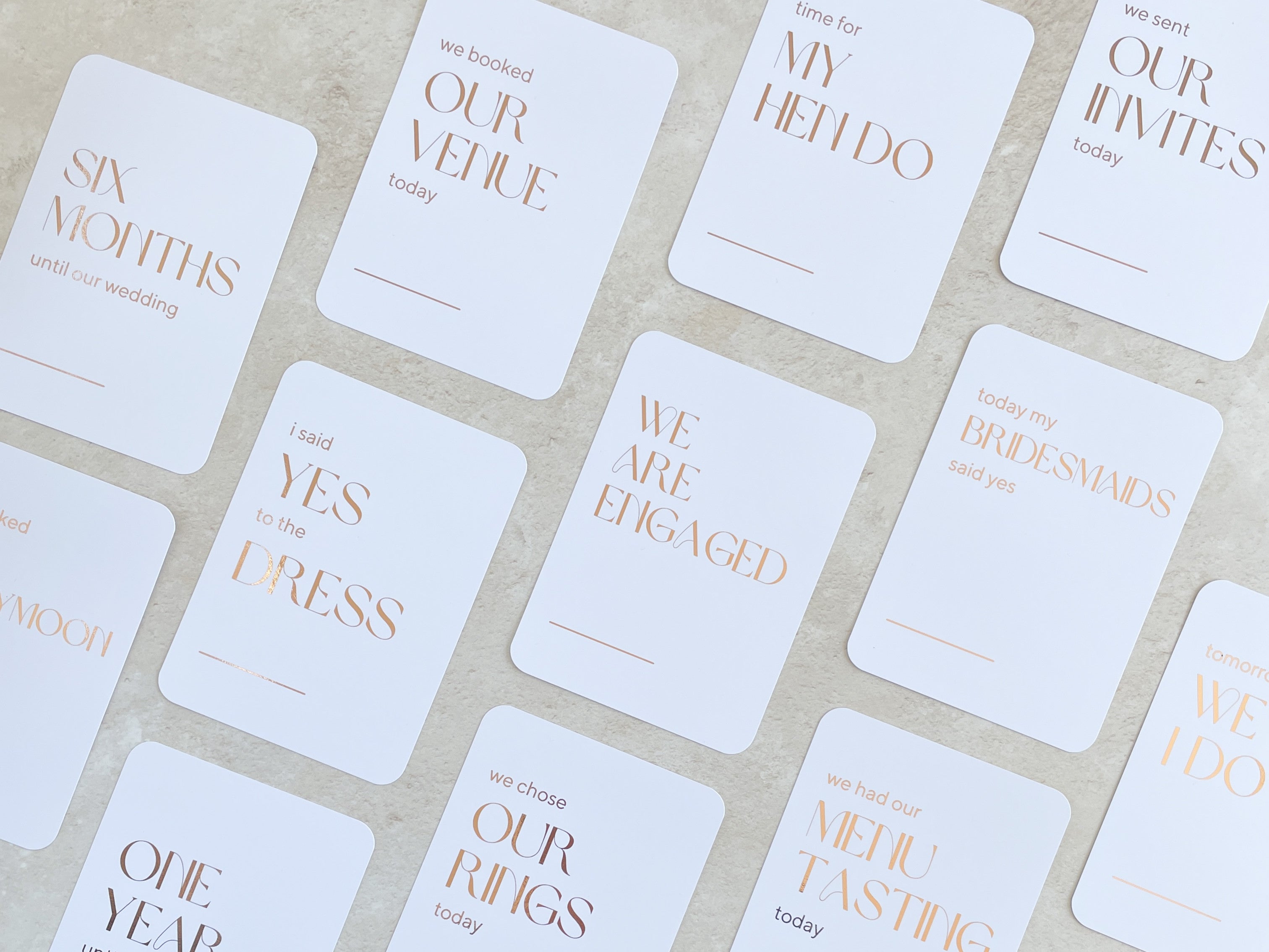 rose gold minimalist engagement milestone cards