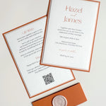 Lyn postcard wedding invite with terracotta orange belly band and pint olive wreath wax seal