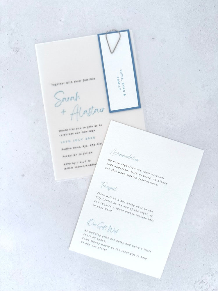 Sarah Vellum wedding invite with cornflower blue name tag and paperclip, with details card 