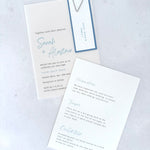 Sarah Vellum wedding invite with cornflower blue name tag and paperclip, with details card 