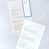 Sarah Vellum wedding invite with cornflower blue name tag and paperclip, with details card 