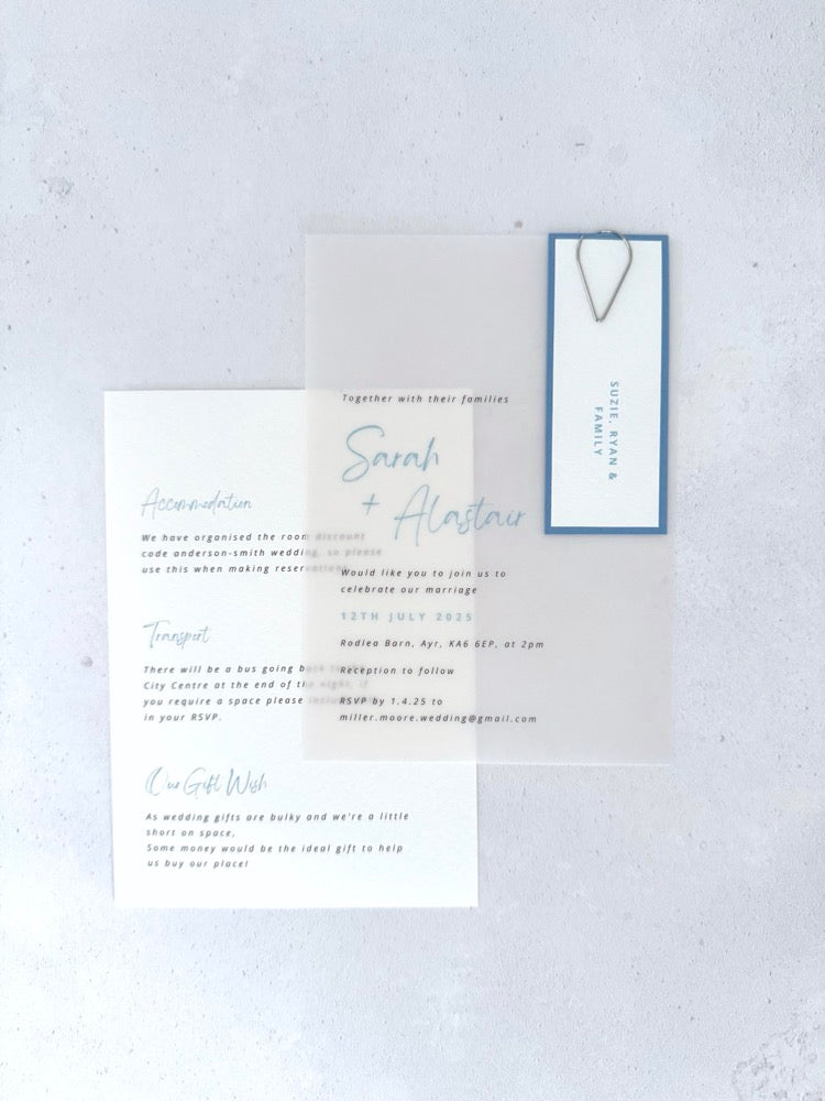 Sarah transparent vellum wedding invite with sage green name tag and teardrop paperclip and details card for gift wishes