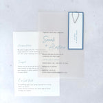 Sarah transparent vellum wedding invite with sage green name tag and teardrop paperclip and details card for gift wishes