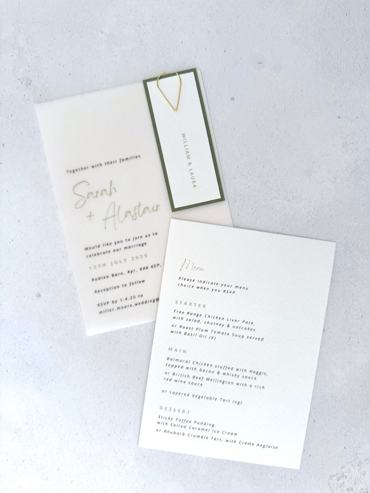 Vellum wedding invite with sage green name tag and paperclip, with details card for menu choices, handmade by zara dumfries