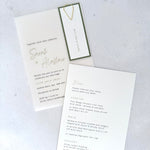 Vellum wedding invite with sage green name tag and paperclip, with details card for menu choices, handmade by zara dumfries