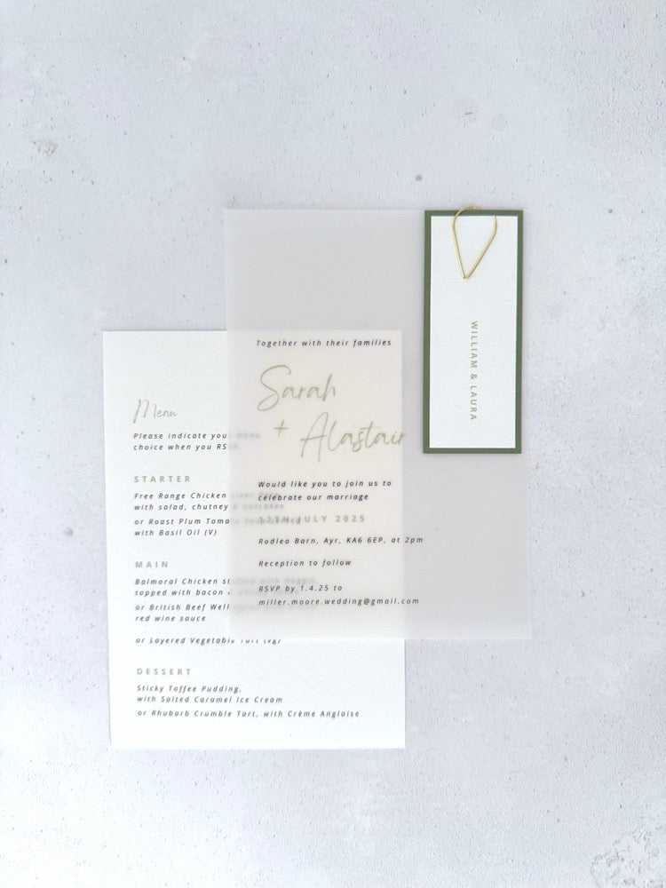 Sage green handmade see through vellum wedding invite with menu details card