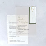 Sage green handmade see through vellum wedding invite with menu details card