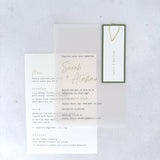 Sage green handmade see through vellum wedding invite with menu details card