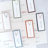 Handmade see through vellum wedding invites  with paperclip guest name tags in 6 colours