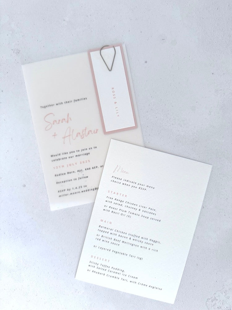 Sarah Vellum wedding invite with blush pink name tag and paperclip, with details card for menu choices
