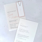 Sarah Vellum wedding invite with blush pink name tag and paperclip, with details card for menu choices
