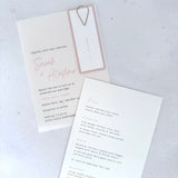 Sarah Vellum wedding invite with blush pink name tag and paperclip, with details card for menu choices
