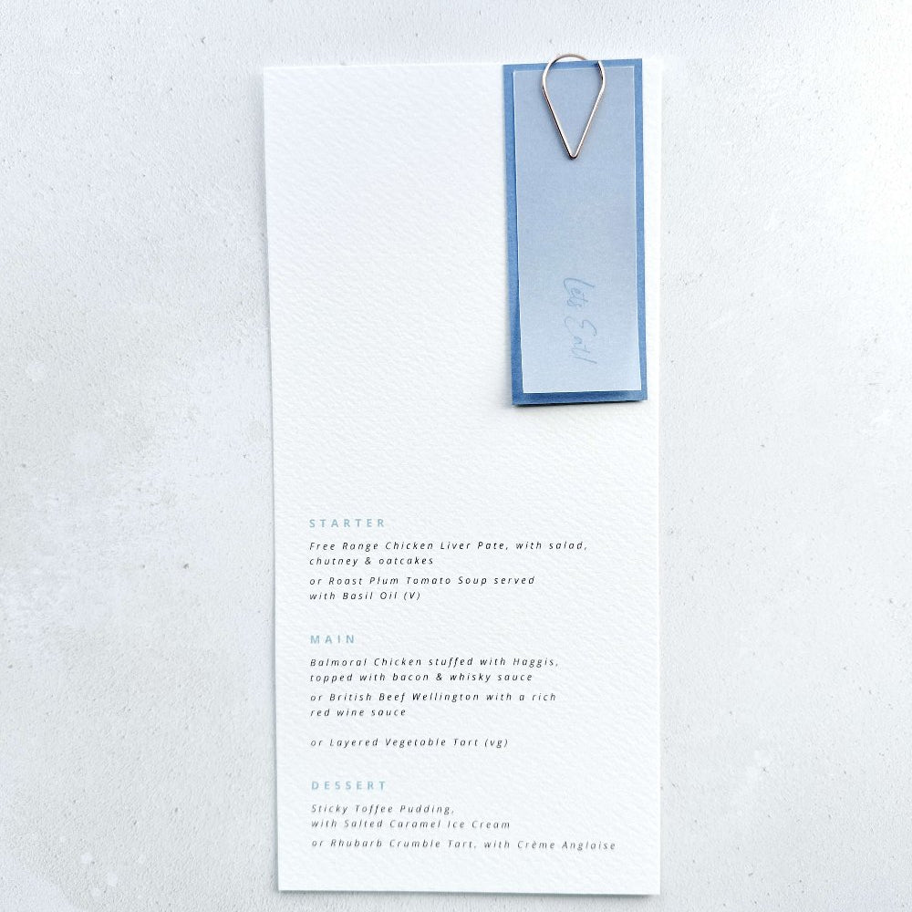 sarah vellum dusky blue paperclip wedding menu on the day stationery