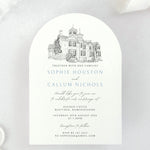 Arch shaped wedding invite with venue illustration of Auchen Castle, Dumfries & Galloway