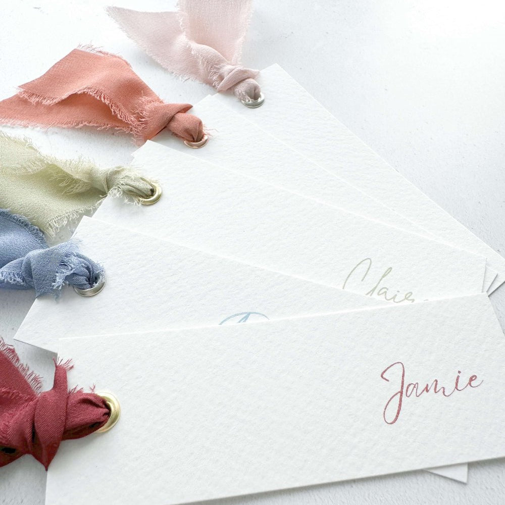 wedding on the day stationery place cards with printed guest names handmade by zara dumfries