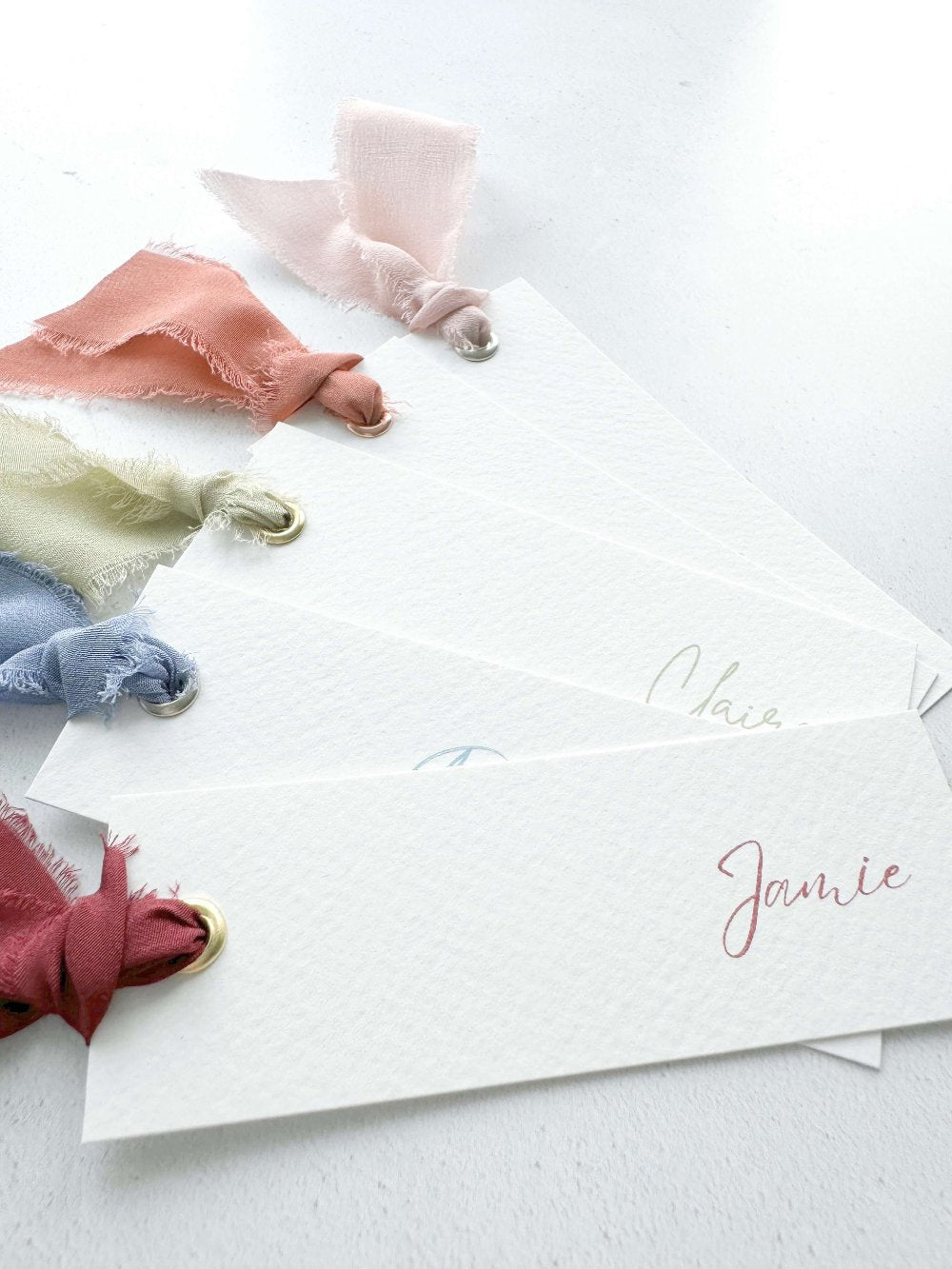 wedding on the day stationery place cards with printed guest names handmade by zara dumfries