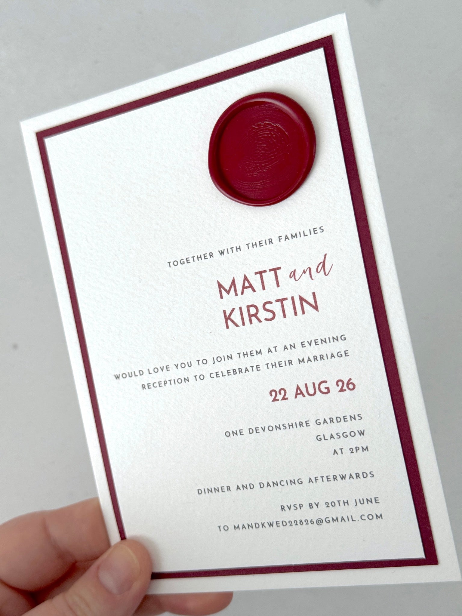 zoe minimalist evening invite with wax seal handmade by zara dumfries