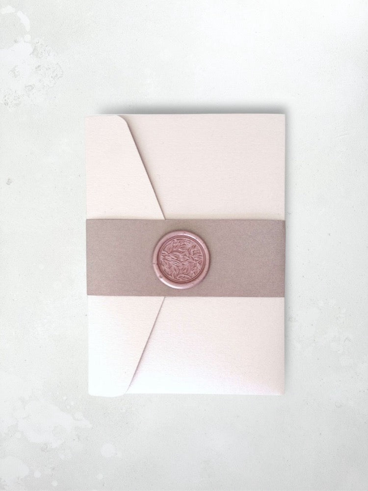 zoe dusky pink belly band wax seal wedding invitation handmade by zara