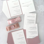 zoe pink pocketfold invitation with insert cards for menu options and accommodation details