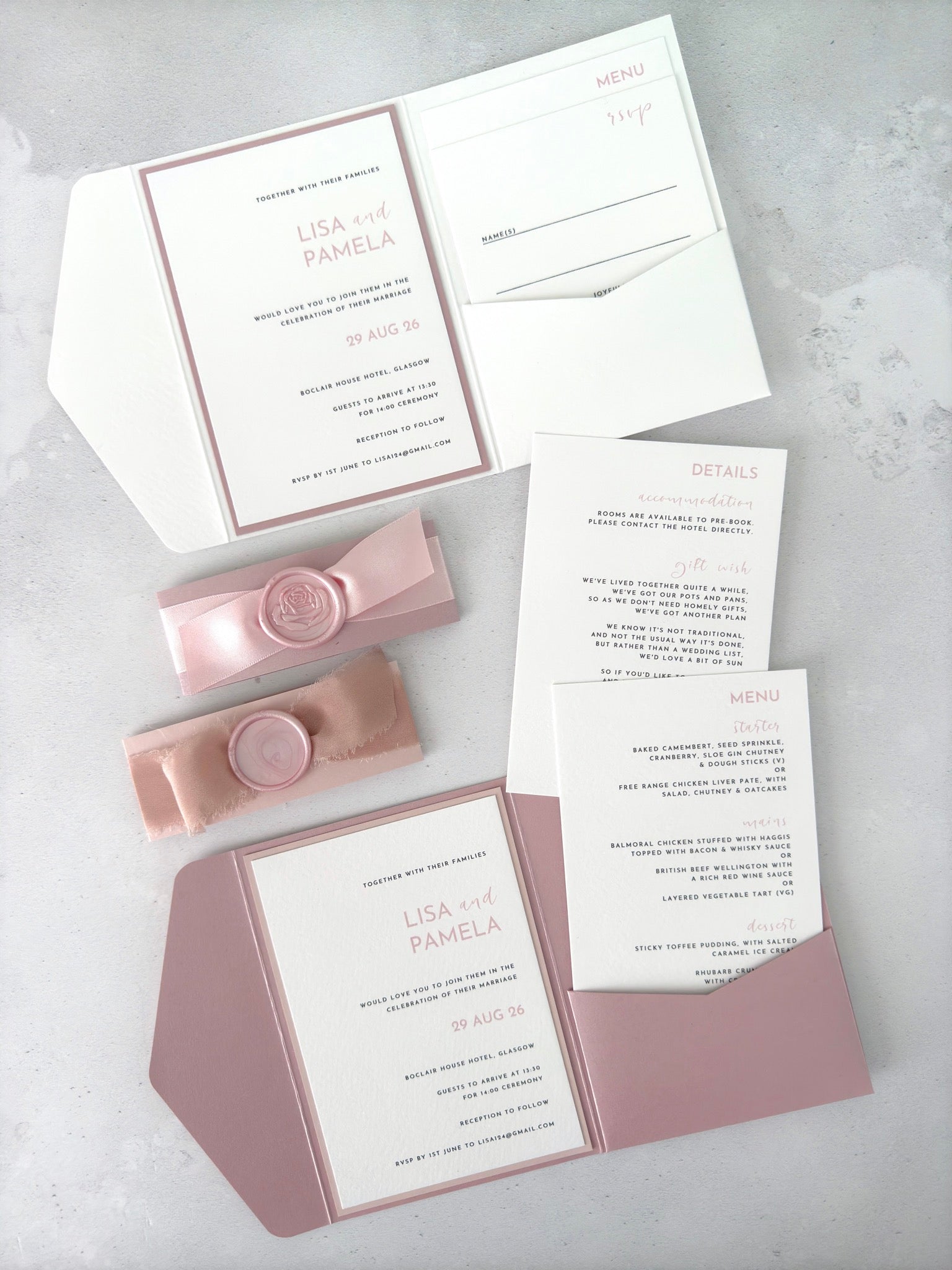 zoe pink pocketfold invitation with insert cards for menu options and accommodation details