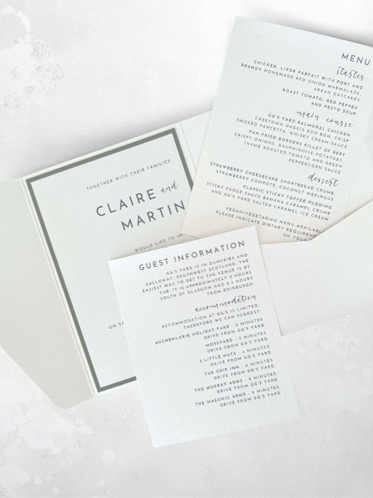 zoe pocketfold invitation with insert cards for menu options and accommodation details