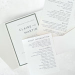 zoe pocketfold invitation with insert cards for menu options and accommodation details