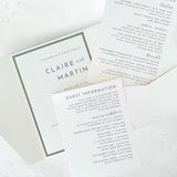 zoe pocketfold invitation with insert cards for menu options and accommodation details