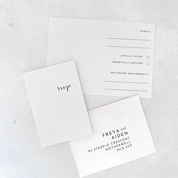 zoe mini folded rsvp card and addressed envelope