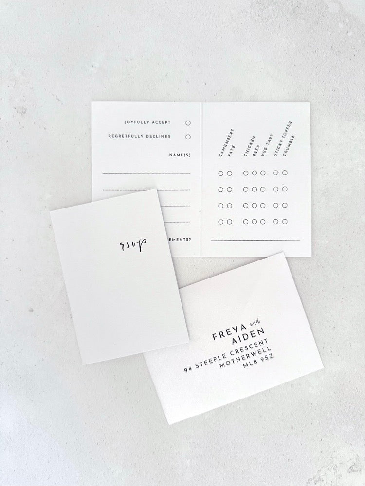 zoe mini rsvp card with custom menu tick off