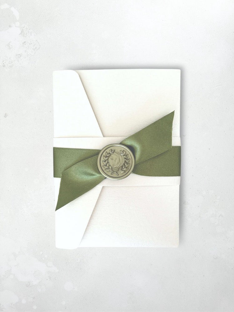 zoe pocketfold wedding invite cream and sage ribbon and wax seal handmade by zara scotland