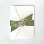 zoe pocketfold wedding invite cream and sage ribbon and wax seal handmade by zara scotland