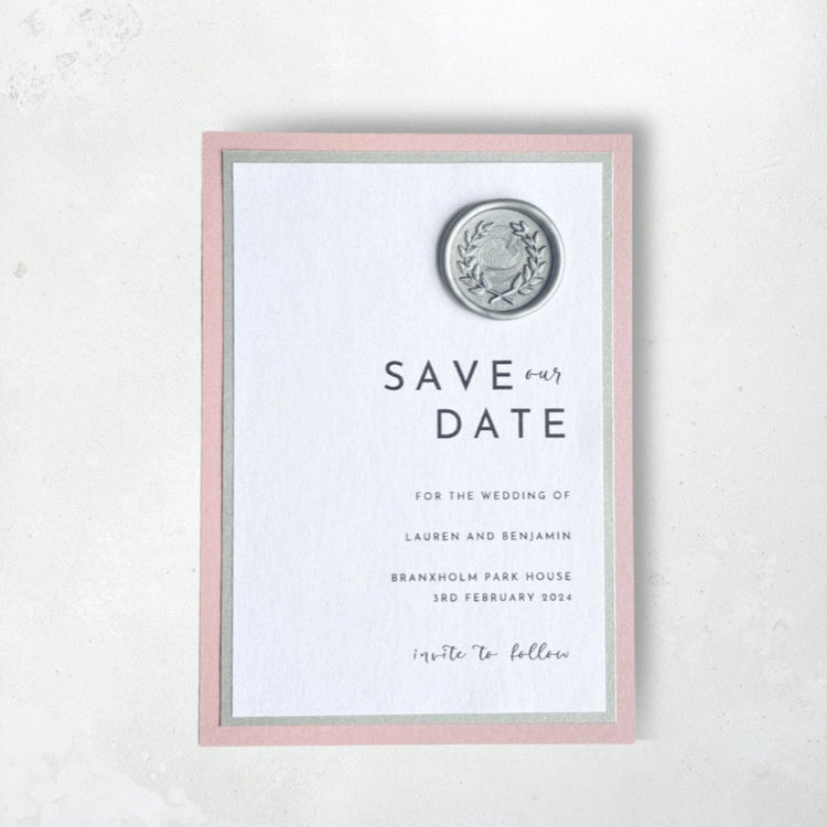 minimalist save the date card dusky pink and silver wax seal handmade by zara dumfries