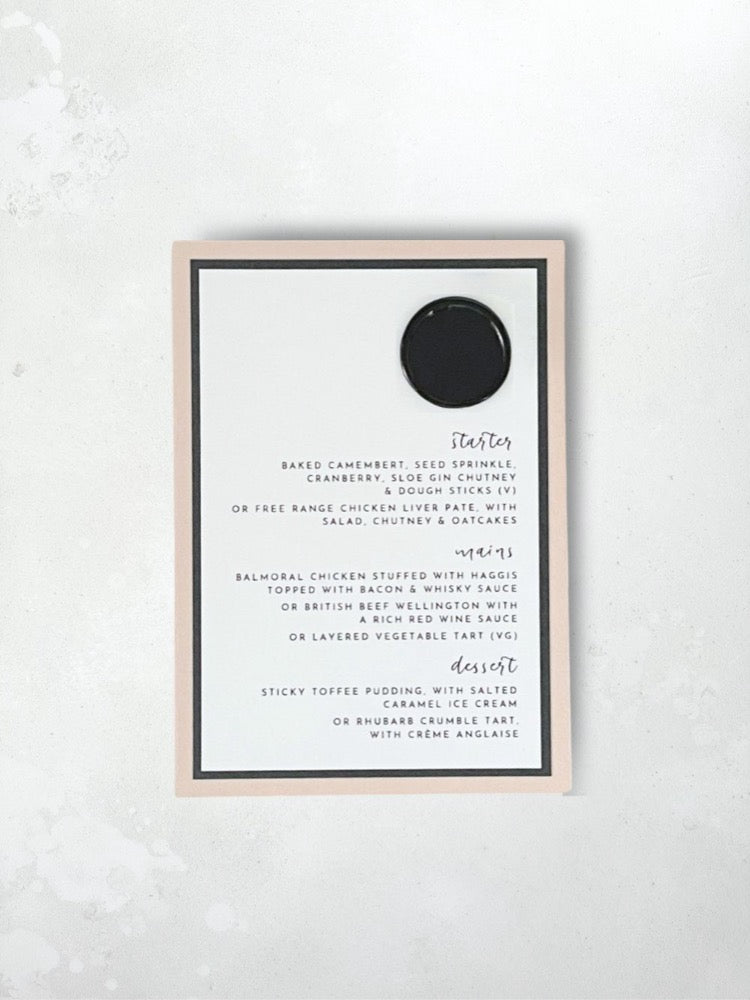 Zoe postcard modern minimalist menu in nude and black wax seal 